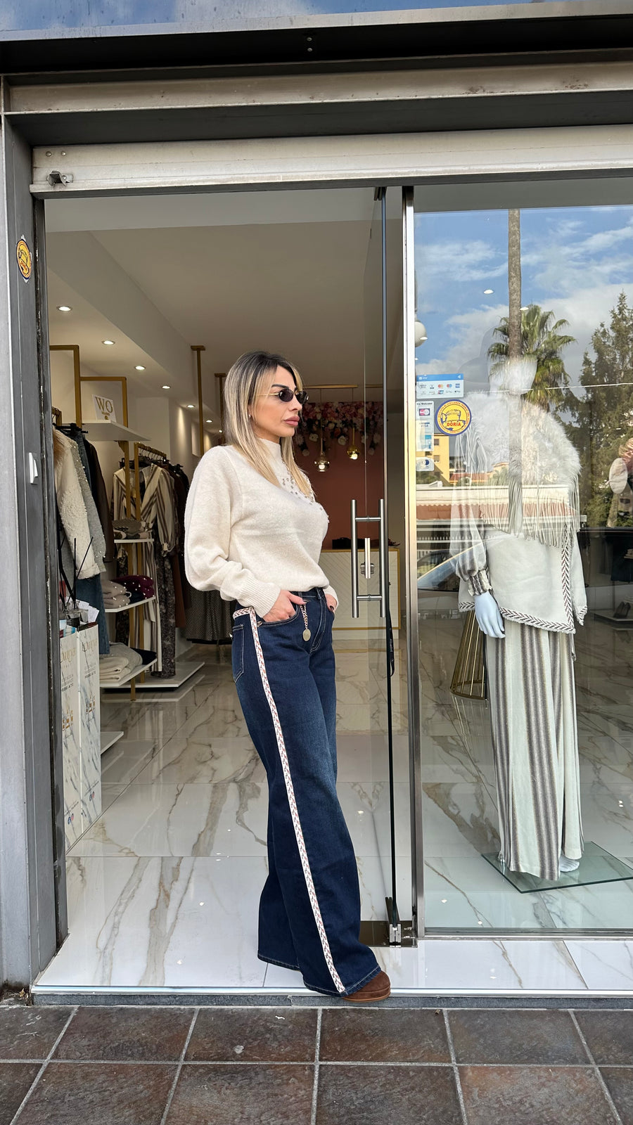 PHO DENIM LAVAGGIO BLU CON APPLICAZIONE LATERALE